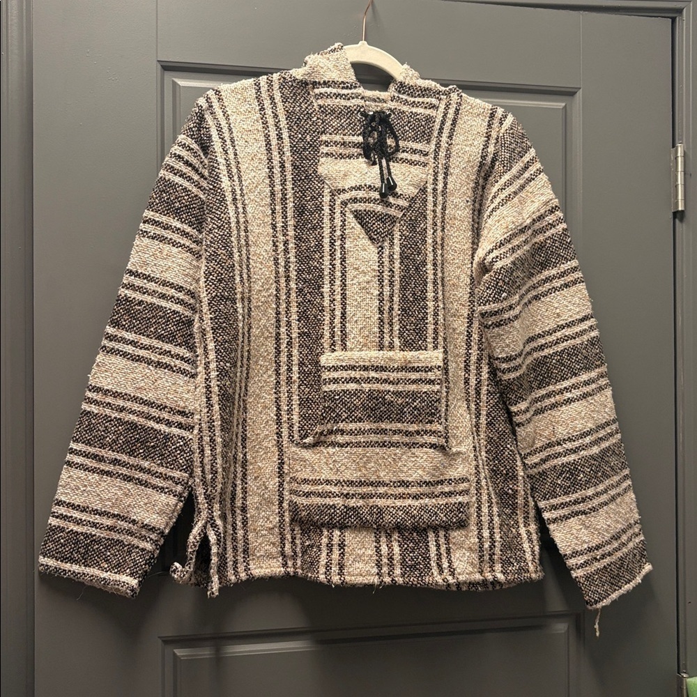 Striped Baja pullover sweatshirt with hood neutral colors kangaroo front pocket